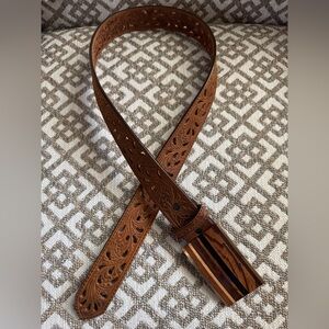 Vintage Kenneth Reid Buckle W/ Tony Lama Bark Pierced Filigree Trophy Belt Sz 34